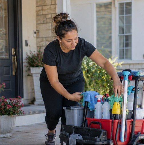 Cleaning professional organizing supplies outside a customer's home