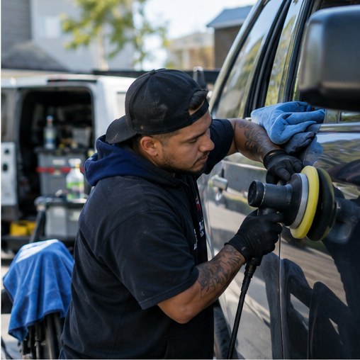 Auto detailer polishing a customer's vehicle