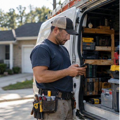 Handyman checking his phone beside a stocked work van
