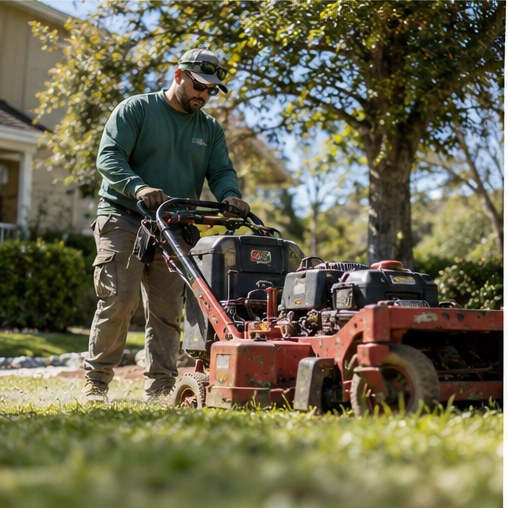 Lawn care professional working on a residential property