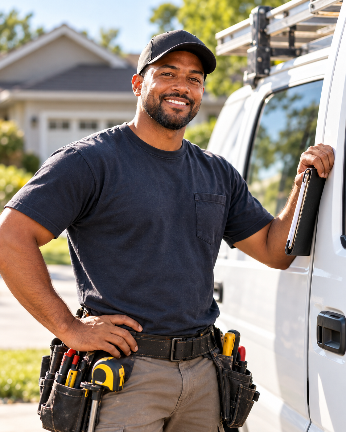 Black home service business owner standing beside a work van with one hand on his hip and a clipboard in the other