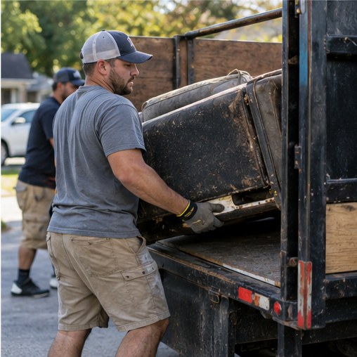 Junk removal operator loading a customer item onto a work truck