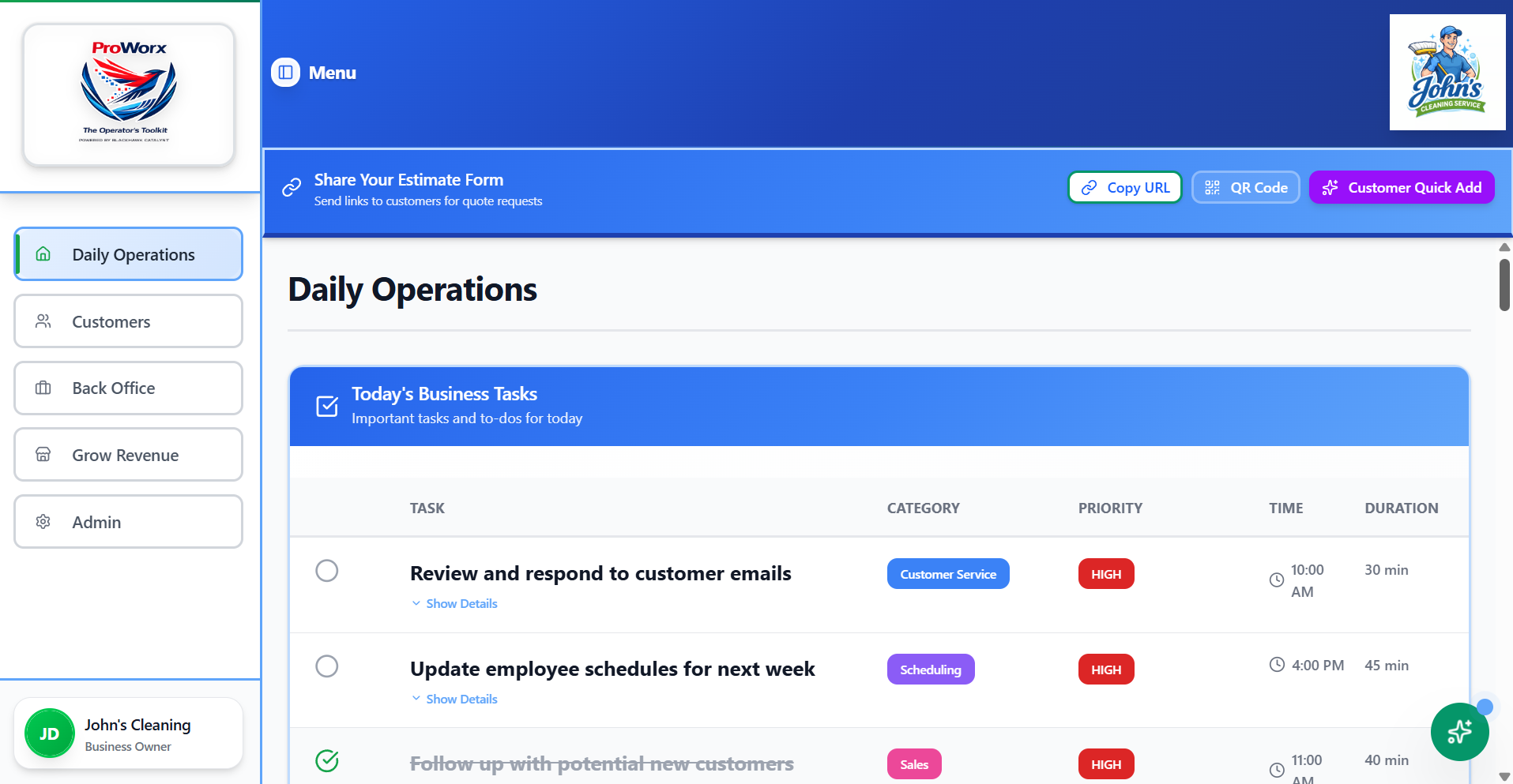 ProWorx daily operations dashboard